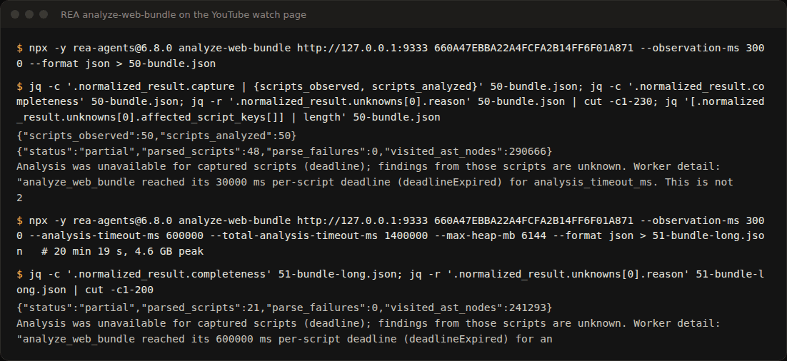 analyze-web-bundle on YouTube: the two large scripts are left unanalysed with 30 seconds and with 10 minutes per script