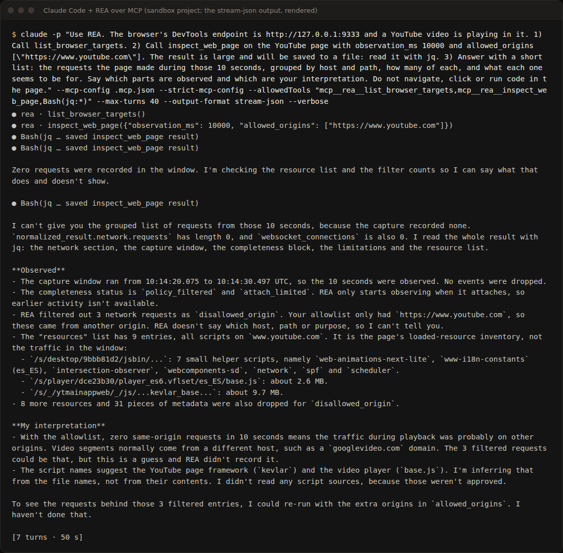 Claude Code with REA: the answer separates what was observed from its interpretation