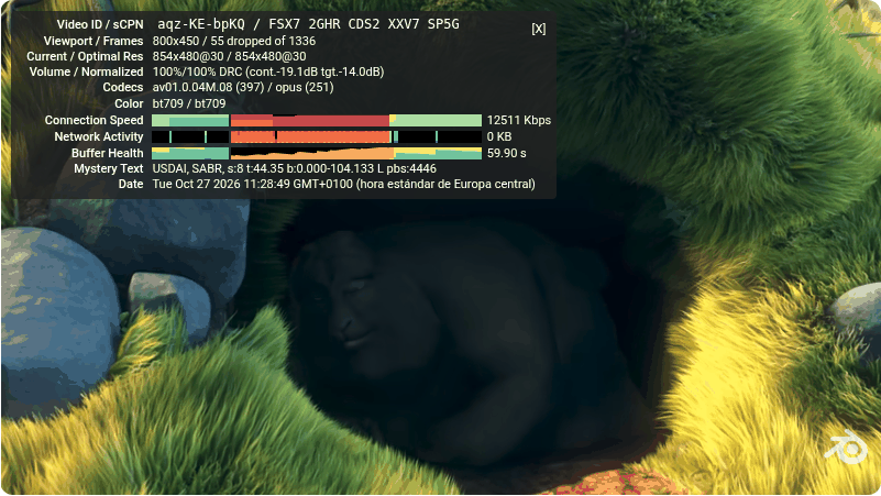 Stats for nerds after releasing the connection: 854x480, 12,511 kbps and 60 seconds of buffer. Big Buck Bunny © Blender Foundation, CC BY 3.0