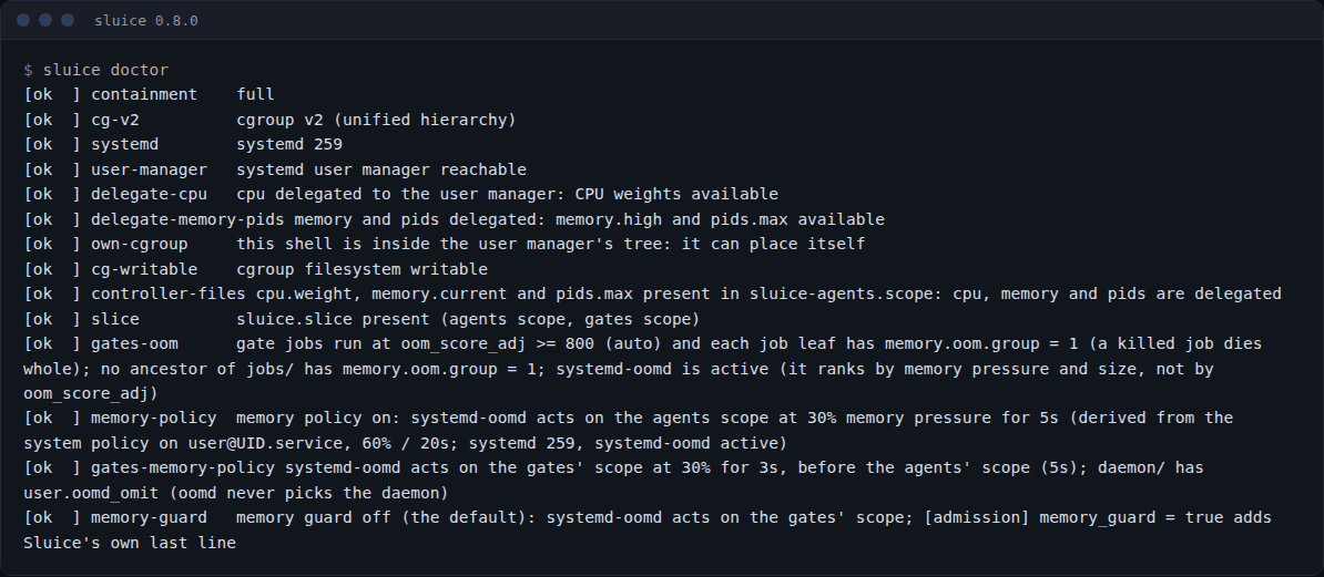 sluice doctor: full containment with cgroup v2, jobs with oom_score_adj of 800 or more and systemd-oomd acting on gates before agents